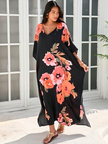 Image of Moss Rose Kaftan Dresses for Women V Neck Summer Swimsuit Cover up Caftan Maxi Beach Dresses