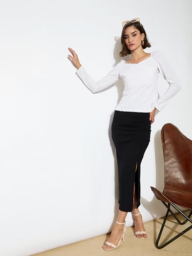 Image of Black Rib Side Slit Ruched Midi Skirt