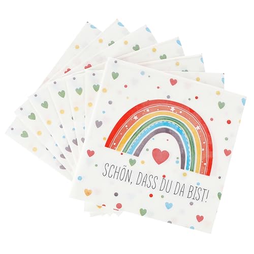 CraftWerk Servietten Regenbogen 40er Pack - Deko mit Spruch Schön dass Du da bist für Kindergeburtstag, Geburtstag oder Einschulung 32 x32 cm