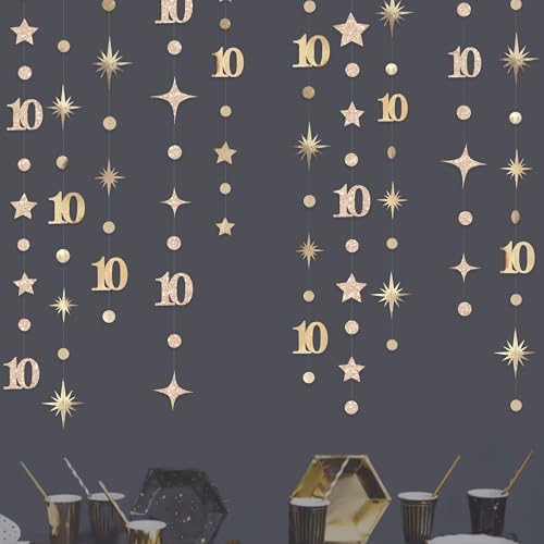 Image of Champagne Gold 10th Birthday Decorations Number 10 Circle Dot Star Garland Streamer Banner Backdrop for Girls Boys Double Digits Cheers to 10 Years Old Birthday Happy 10th Anniversary Party Supplies