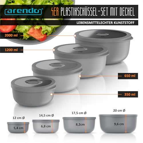 Arendo - Schüssel Set mit Deckel – 4er Set - Salatschüssel Rührschüssel - Schüsselset in verschiedenen Größen – lebensmittelecht – Spülmaschinen und Mikrowellen geeignet – rund 0,35 bis 2 Liter 2