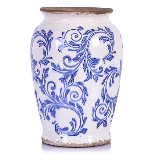 oliruim Vintage Blau-weiße Blumenvase aus Keramik, rustikale...