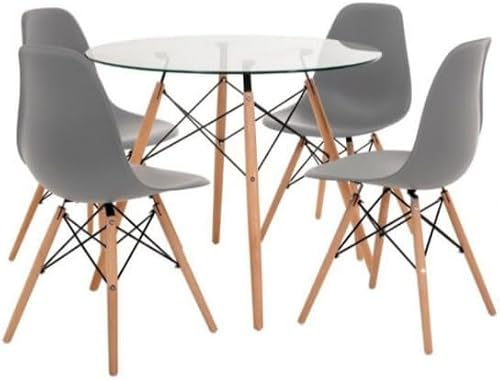 SMTE 5 Piece Glass Table and Wooden Leg Chairs with keychain