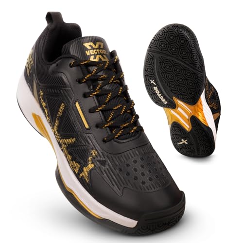 Vector X Court Star Badminton All Rounder Shoes with Elegant Style Breathable Mesh + TPU Film Upper|Rubber Outsole, Lightweight & Comfort Indoor Sports Shoe for Boys Men Women (Black-Gold, Size 9)