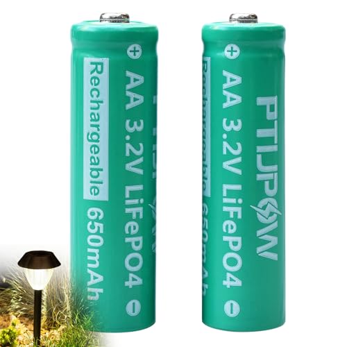 PTIJPOW AA 3.2V LiFePo4 650mAh Solar Battery, AA 3.2V Lithium Iron Phosphate Rechargeable Battery for Garden Solar Light- (2-Pack)