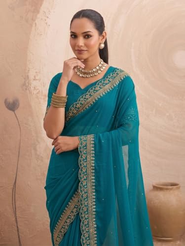Image of Women's Georgette Embroidery Border Beads work Saree with Blouse Piece