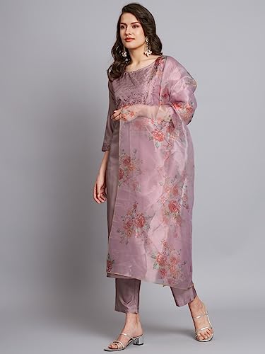 Image of VredeVogel Women's Silk Blend Embroidered Straight Kurta Pant Set with Organza Dupatta