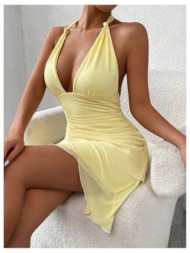 SHENHE Women's Sexy Halter Tie Mini Dress Backless Ruffle Trim Deep V Neck Lace Mesh Plunge Party Dress4