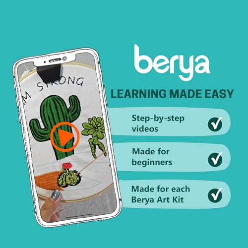 Image of BERYA Funny Cactus Embroidery Kit with Embroidery Hoop, Easy Embroidery Kit for Beginners, Include Instructions, Display Stand, Printed Cloth, Threads and Tools - with Video Tutorials (BEC004)