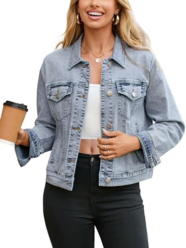 Image of Glamaker Womens Jean Jacket 2026 Basic Trendy Long Sleeve Denim Jackets Button Down Fitted Western Coat with Pockets