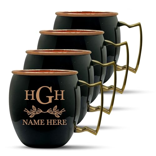 Custom 100% Copper Moscow Mule with Smooth Painted Finish - Engraved Bar Style Copper Cup with Personalized Floral Lines Monogram Themed Engraving, Brass Handle | 18 oz, Black | Set of 4