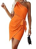 PRETTYGARDEN Women's Fashion One Shoulder Ruched Bodycon Fitted Cocktail Party Mini Dress (Orange,Medium)