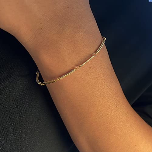 Image of Womens Dainty Gold Chain Bracelet,Simple Layered Chain Bracelets,Beaded Turquoise Bracelet,Charm Crystal Bar,Heart,Karma,Triangle,Pearl Bracelets for Women