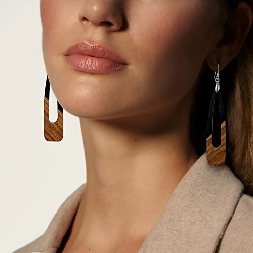 Wood Earrings for Women, Wooden Earrings Dangle Brown Black Round Geometric Simple Lightweight Resin Drop Statement Earrings3