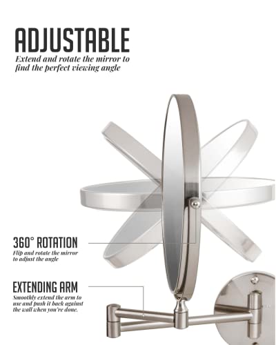 Ovente 9" Wall Mount Makeup Mirror, 1X & 10X Magnifier, Adjustable Spinning Double Sided Round Reflection, Extend, Retractable & Folding Arm, Bathroom & Vanity Décor, Nickel Brushed Mnlfw90Br1X10X #TOP2