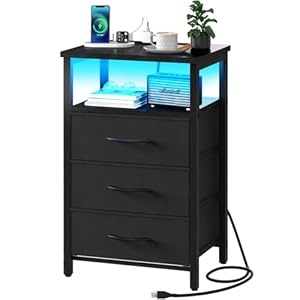 Yoobure Night Stand with Charging Station, 16 Colors LED Nightstand with USB Ports and Outlets, End Table with 3 Fabric Drawers and Storage Shelf, Bedside Tables Small Dresser for Small Space, Black