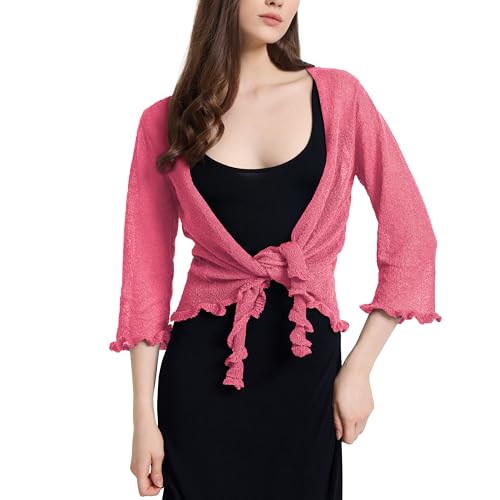 Image of Women's 3 /4 Sleeve Tie Open Front Sheer Mesh Lightweight Shrug Cardigan Knit for Dresses