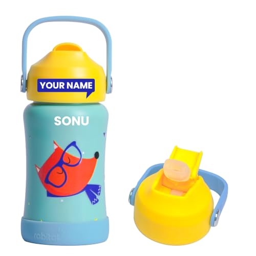 Image of rabitat Steel Play Kids Personalized Water Bottle 450ml | 2 Year Warranty | Leakproof Sipper | Soft Silicone Spout | Flip-Lock Cap & Easy-Carry Handle | BPA-Free 18 /8 Stainless Steel, Young wild