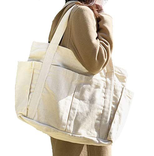 ZIP CORPORATION トートバッグ キャンバス 大容量 無地 コットン 帆布 大きめ 便利 多収納ポケット 天面ファスナー アイボリー 約W54×H37×D18cm 87021