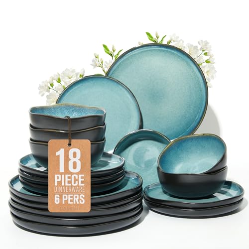Pokini 18 Piece Dinnerware Sets for 6, Green Black Reactive Glaze Stoneware | Irregular Artisan Style for Family Dinners, Weekend Gatherings | Scratch‑Resistant, Microwave & Dishwasher Safe