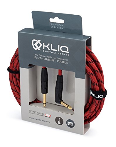 Kliq Guitar Instrument Cable, 20 Ft - Custom Series With Premium Rean-Neutrik 1/4" Straight To Right Angle Gold Plugs, Red/Black Tweed #TOP1