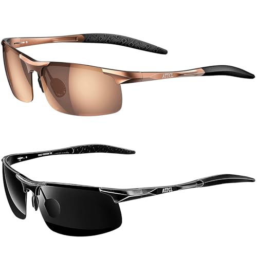 ATTCL Bundle gifts for men Fashion Driving Polarized Sunglasses for Men Al-Mg Metal Frame Ultra Light:(8177-Coffee)+(8177-black-gray)