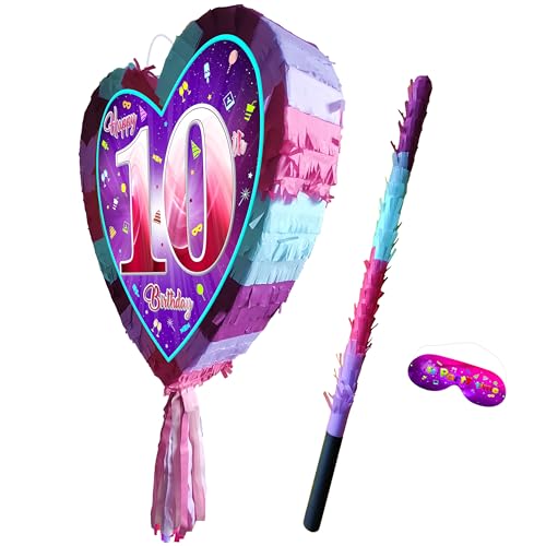 10th birthday pinata with stick - Girls Ten party smashing game - Big 41cm x 38cm