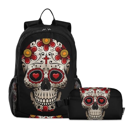 ALAZA Sugar Skull Day Of The Dead Backpack and Lunch Bag Set Back Pack Bookbag Cooler Case Kits