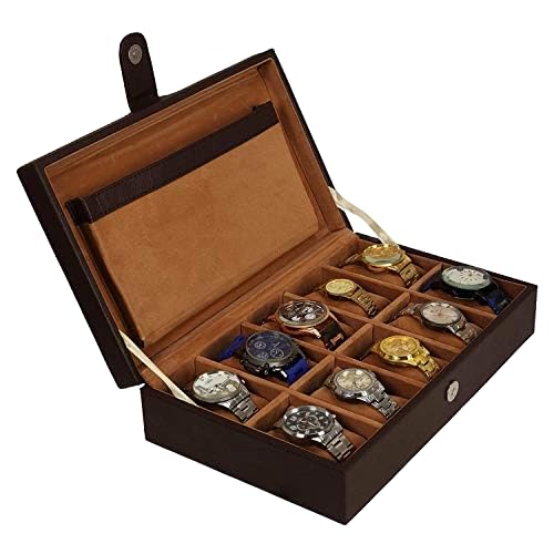 Image of Leather World Faux Leather Watch Box Organizer - Watch Case Box Men - Watch Organizer Storage Tray Women - Wrist Watch Holder 10 Slots - Sleek And Display Case - Brown
