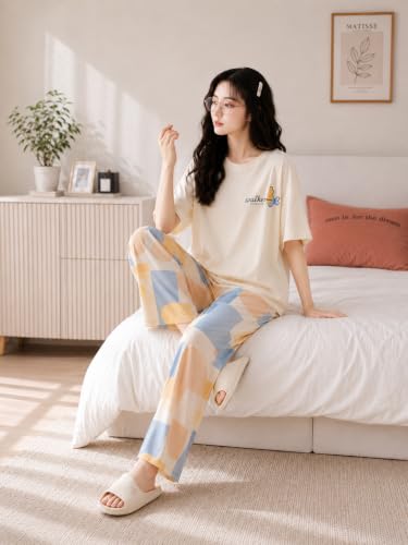 Image of Women's Korean Style Looper Fabric Nightsuit Set | Cute Print Half Sleeve T-Shirt & Pajama Set | Soft Comfortable Nightwear & Loungewear for Women