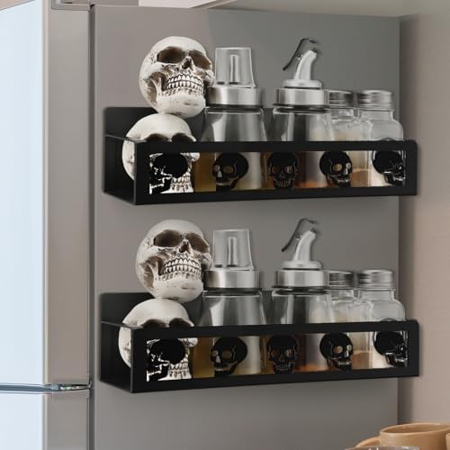 Beeveer 2 Pack Skull Head Magnetic Spice Rack for Refrigerator Metal Magnet Basket Shelf for Fridge Seasoning Storage Organizers Home Decor Kitchen Accessories (Black)