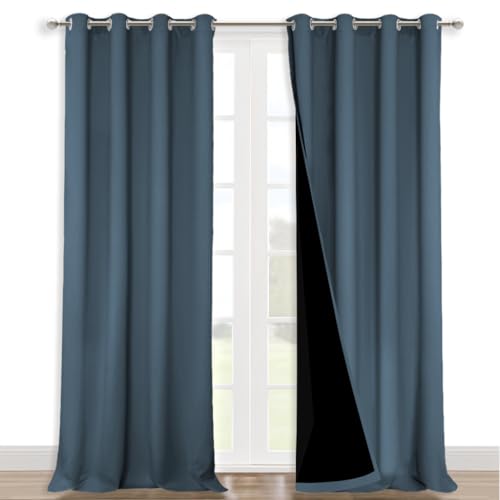 Image of NICETOWN 100% Blackout Curtains for Windows, Pack of 2, Smoky Blue, 52 inch W x 120 inch L, Super Heavy-Duty Black Lined Total Darkness Drapes for Bedroom, Privacy Assured Window Treatment for Patio