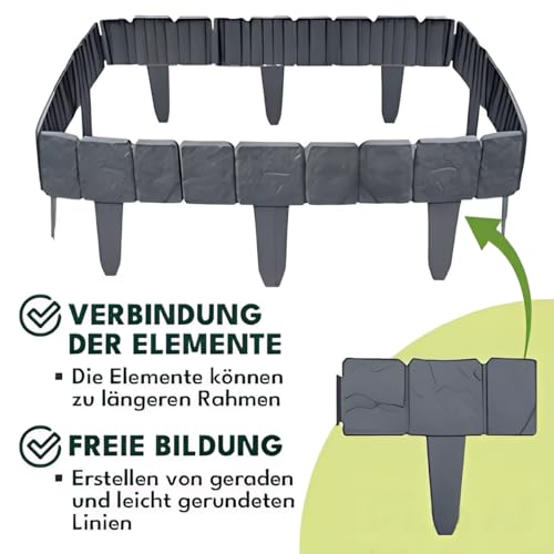 KRUMAD Rasenkante Kunststoff Steinoptik, 10 Stück Set 2,5 Meter, Höhe 23 cm, Beeteinfassung Stein, Beetumrandung Garten, Mähkante für Blumenbeet, Stecksystem, Wetterfest & UV-beständig, Anthrazit