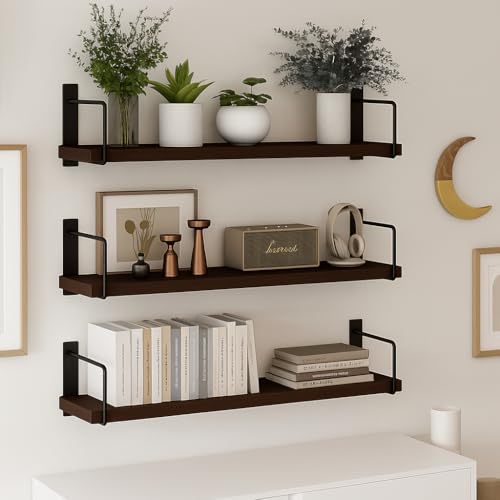 Image of Dime Store Engineered Wood Wall Shelf Floating Wall Mounted Shelf with Metal Brackets for Living Room, Bedroom & Office | Multipurpose Display Rack for Books, Plants, Decor & Storage (Brown)