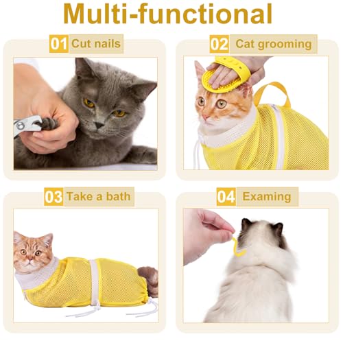 Image of 9 Pcs Cat Bathing Bag Set Cat Shower Bag Anti Bite and Scratch for Pet Grooming Washing Brush Comb Muzzle Nail Clipper Nail File Tick Tool (Yellow)