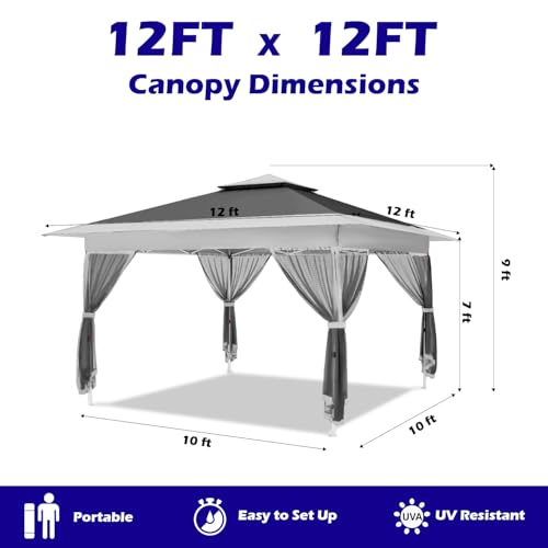 OUTFINE 12’x12’ Top 10’x10’ Base Gazebo Outdoor Pop up Canopy Tent with Curtains and Shelter for Patio, Party & Backyard (Grey, 12 * 12FT) - Image 4