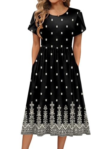 Image of HOTOUCH Women's Summer A-Line Midi Dresses 2026 Casual Floral Short Sleeve T-Shirt Dress Flowy Beach Sundress with Pockets