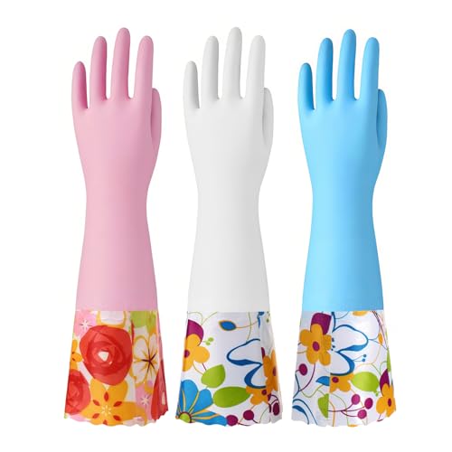 Bamllum 3 Pairs Rubber Cleaning Gloves, Household Kitchen Dishwashing Gloves with Cotton Flocked...