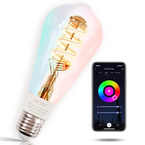 MOES Alexa Smart Glühbirne E27 Vintage, WLAN RGB LED Lampe, Dimmbar, 5W, 2700K-6500K Warmweiss & Kaltweiß, Edison Birne, Musiksynchronisation, 16 Mio. Farben, Kompatibel mit Alexa & Google Home
