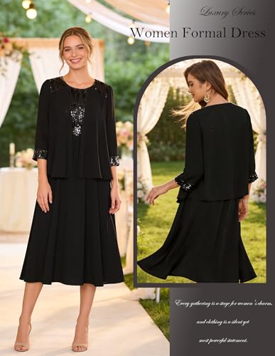 Image of GRACE KARIN Formal Wedding Guest Dress Sequin Mother of The Bride Dresses | Two Piece,3 /4 Sleeve,Tea Length,Crew Neck,Fit and Flare,Chiffon,Suitable for Spring /Summer /Fall /Winter /Cocktail /Party /Prom