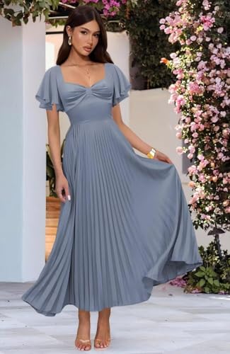 Dessiny Women's Short Sleeve Satin Bridesmaid Dresses with Slit Long Pleated Formal Evening Dress 2025 DE4084