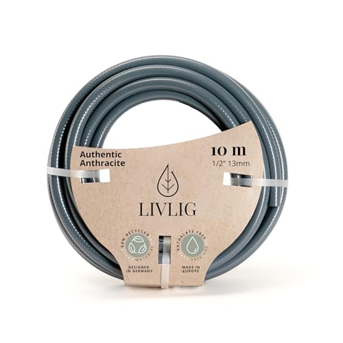 LIVLIG Gartenschlauch 10m, Gartenschlauch 1/2 Zoll Made in Germany, Wasserschlauch 10m aus recyceltem PVC, formstabil, Farbe: Anthrazit