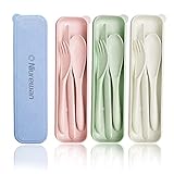 4 Sets Wheat Straw Cutlery,Portable Cutlery Reusable Spoon Knife Forks Tableware Set,Eco-Friendly...