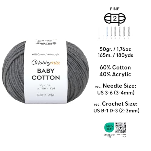 Image of Baby Cotton Blend Yarn - Soft Sport Weight Yarn for Crochet & Amigurumi - 50g /180yds - 60% Cotton 40% Acrylic - Ideal for Baby & Knitting Proj. & 10 Stitch Markers(Dark Gray, 4 Balls)