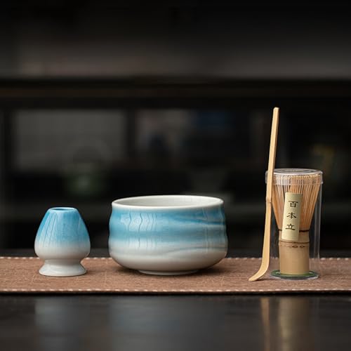 QeMiyg 抹茶セット 初心者向け 茶道具4点 510ml陶器茶碗・茶杓・茶せん百本立・茶筅立て(くせ直し) 手入れ簡単 自宅のお点前練習やギフトに 母の日 父の日 誕生日 おしゃれグラデーションブルー CJ84 (4点セット(グラデーションブルー))