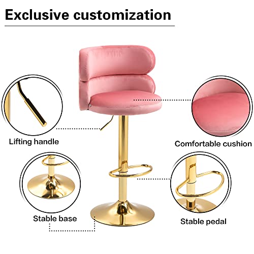 Qqu Modern Bar Stools 360°Swivel Velvet Adjustable Counter Bar Stool With Arm, Back And Footrest Modern Upholstered, Barstools For Kitchen Island, Cafe, Pub, Bar Counter (Pink) #TOP4