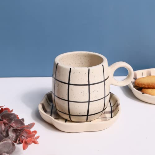 Image of WEAVING HOMES Handcrafted Ceramic Chequred Cuddle Mug & Checks Dessert (Set of 2) Coffee Mugs, Ceramic Mugs, Tea Mugs, Plates, Ceramic Plates, Dessert Plates, Mug & Plate Set