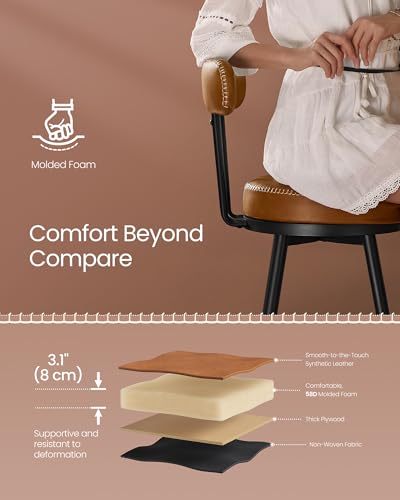 Image of VASAGLE EKHO Collection - Bar Stools Set of 2, Swivel Bar Height Bar Stools with Back, Synthetic Leather with Stitching, Mid-Century Modern, 30-Inch Tall Barstools, Caramel Brown ULBC889K01V2
