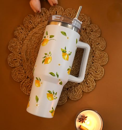 Image of 1200ML Stainless Steel Tumbler Hot and Cold with Handle and Lid and 2 Straws, Double Insulated Cup Leak Proof Mug Cupholder for Gym, Travelling (White Summer Lemons)