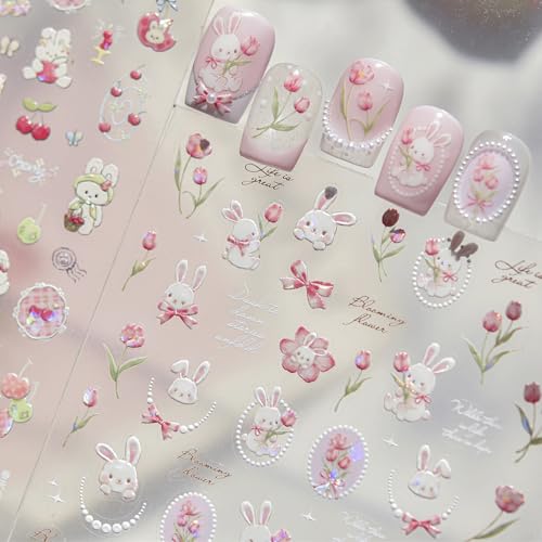 Easter Nail Stickers Cute Bunny Nail Stickers for Nail Art Pink Tulip Nail Art Stickers 5D Embossed Nails Decals Spring Floral Nails Design for Women DIY Manicure Decorations Supplies